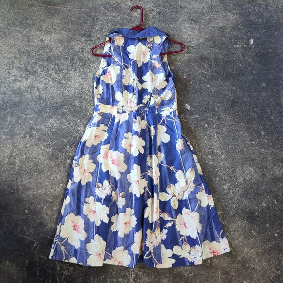 Anthropologie Camellia Collared Dress Womens 6 Blue Floral A Line Buttoned Retro - Picture 4 of 9